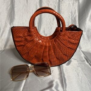 Orange Croc-Embossed Shoulder Bag